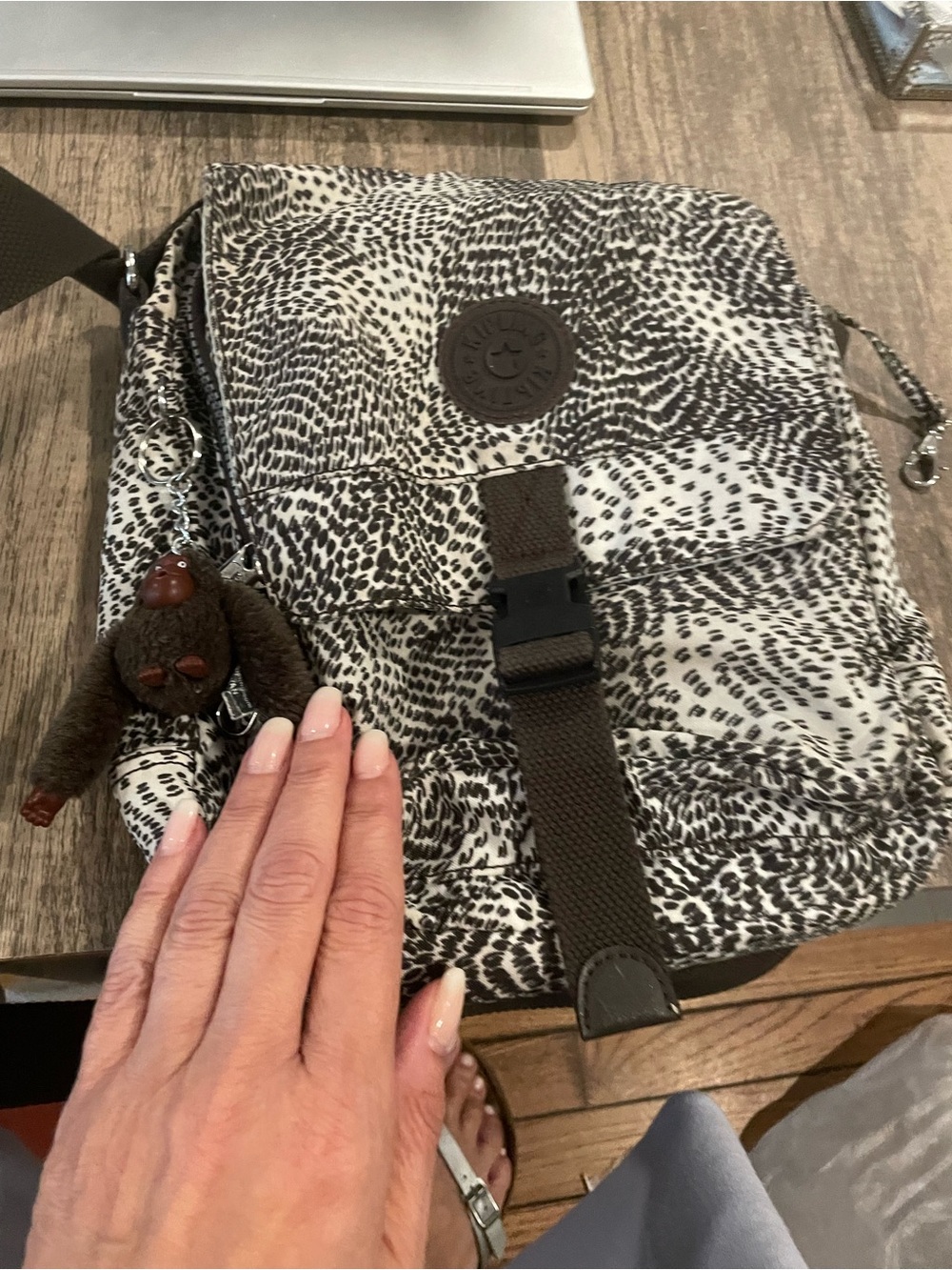 Kipling Black & White Speckled Messenger Bag with Monkey Charm